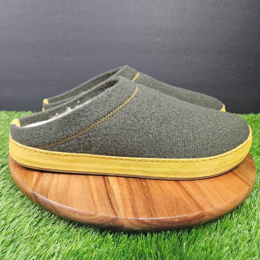 Olukai Hamani Hulu Mens 10 Green Wool Sheepskin Shearling Lined Slippers NEW